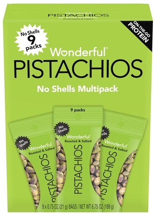 Wonderful Pistachios No Shells, Roasted & Salted Nuts, 0.75 Oz (Pack of 9) | Protein Snacks, Gluten Free, On-the-Go, Salty Individually Wrapped Snacks, Savory, Office Snacks, Lunch, Travel, Airplane