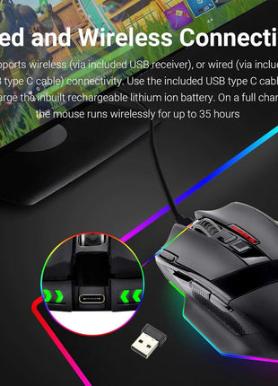 Redragon M801 Wireless Gaming Mouse, RGB Gaming Mouse with MMO 9 Programmable Macro Editing Buttons, UP 16000 Adjustable DPI, Rapid Fire Button for Game, Windows,PC - Wireless, Black
