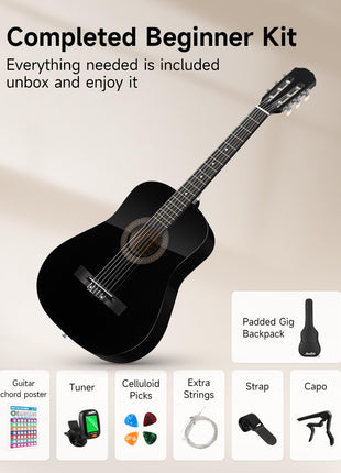 Moukey 38" Acoustic Guitar for Beginners Kids Youth Adult Dreadnought Guitarra Acustica Kit with Chord Poster, Gig Bag, Tuner, Picks, Nylon Strings, Capo, Strap - Black