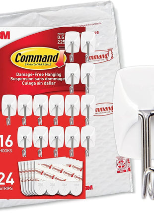 Command Small White Wire Hooks, 16 Hooks, 24 Strips | Damage-Free Hanging with Adhesive No Tools Wall Hooks for Hanging Decorations in Living Spaces, Holds up 0.5 lb