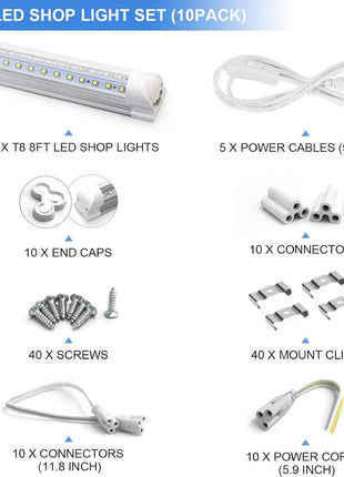 10-Pack 8ft LED Shop Light Fixture - 90W T8 Integrated LED Tube Light - 6500K 12000LM V-Shape Linkable - High Output - Clear Cover - Plug and Play - 270 Degree Lighting for Garage, Shop, Barn