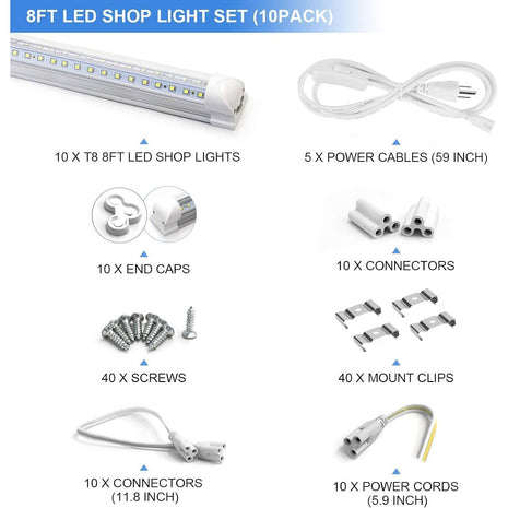 10-Pack 8ft LED Shop Light Fixture - 90W T8 Integrated LED Tube Light - 6500K 12000LM V-Shape Linkable - High Output - Clear Cover - Plug and Play - 270 Degree Lighting for Garage, Shop, Barn