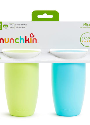 Munchkin Sippy Cups for Toddlers 1-3, Spill Proof Miracle 360 Cup, 10 Ounce, 2 Pack, Green/Blue
