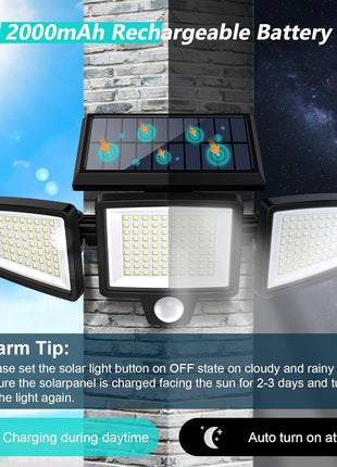 Tuffenough Solar Outdoor Lights 2500LM 210 LED Security Lights with Remote Control,3 Heads Motion Sensor Lights, IP65 Waterproof,270° Wide Angle Flood Wall Lights with 3 Modes(2 Packs)