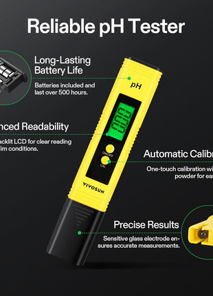 VIVOSUN Digital pH and TDS Meter Kits, 0.01pH High Accuracy Pen Type pH Meter ± 2% Readout Accuracy 3-in-1 TDS EC Temperature Meter for Hydroponics, Pool and Aquarium, Yellow Blue, UL Certified