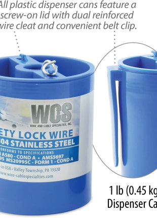 Lock Wire, T302/304 Stainless, NASM20995, MS20995C, ASTM A580 Cond A, AMS5697, .032 in (0.81 mm), 1 lb (0.45 kg) Dispenser Can, approx. 362 ft (110 m)