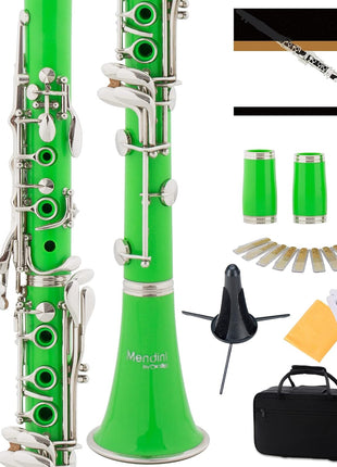 Mendini by Cecilio B Flat Clarinet for Beginner, Ebonite Bb Clarinet with 2 Replaceable Barrels, 10 Reeds, Stand, Pocketbook, Mouthpiece, Hard Case, Gloves, Black