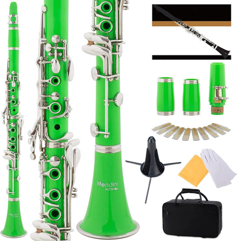 Mendini by Cecilio B Flat Clarinet for Beginner, Ebonite Bb Clarinet with 2 Replaceable Barrels, 10 Reeds, Stand, Pocketbook, Mouthpiece, Hard Case, Gloves, Black