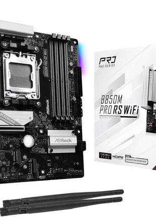 ASRock AMD B850M Pro RS WiFi 6E Socket AM5 Ryzen 9000, 8000 and 7000 Series DDR5 B850 up to 8000+ (OC) MHz 256GB Micro ATX Motherboard M.2 SATA3 6.0 Gb/s PCIe 5.0 Realtek 2.5G LAN BIOS Flashback