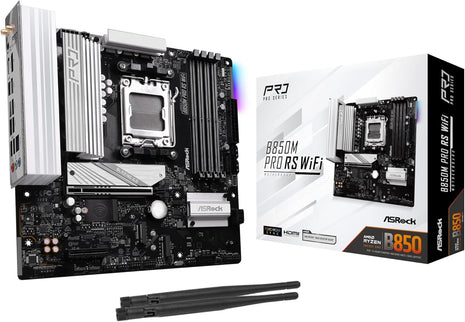 ASRock AMD B850M Pro RS WiFi 6E Socket AM5 Ryzen 9000, 8000 and 7000 Series DDR5 B850 up to 8000+ (OC) MHz 256GB Micro ATX Motherboard M.2 SATA3 6.0 Gb/s PCIe 5.0 Realtek 2.5G LAN BIOS Flashback
