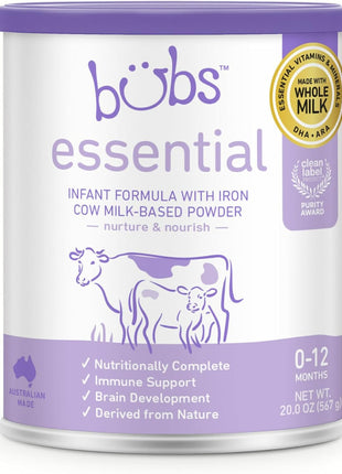 Bubs Essential Infant Formula, with Iron, Cow Milk-Based Powder, for Infants 0-12 Months, Made with Non-GMO Milk, 20 oz