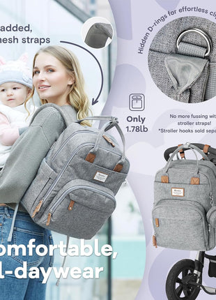 RUVALINO Diaper Bag Backpack-Multifunction Travel Baby Diaper Bag with Changing Pad, Insulated Bottle Holders & Pacifier Case, Large Capacity, Waterproof, Gray