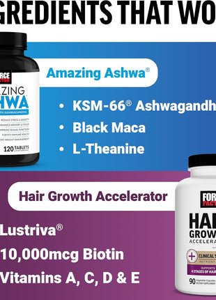Hair Growth Accelerator Capsules, Lustriva & Biotin to Promote Thicker, Stronger, Fuller Hair, 90ct + Amazing Ashwa Ashwagandha Supplement with KSM-66 Ashwagandha for Stress, 120 Tablets