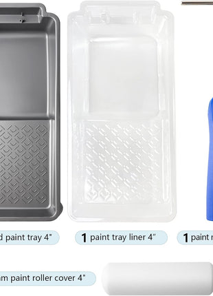Mister Rui 4 Inch Foam Paint Roller Kit, 8 Pack - Mini Roller Set with 4 inch Small Roller Covers, Frame, Tray & Liner for Smooth Painting on Walls, Trim, Furniture, Home DIY Projects