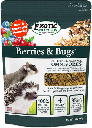 Berries & Bugs 1.5 lb - All Natural High Protein High Fiber Food for Hedgehogs, Skunks, Opossums, Sugar Gliders - Universal Insectivore Diet with Fruit, Gut-Loaded Insects, & Healthy Vitamins