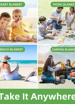 ZAZE Extra Large Picnic Outdoor Blanket, 80''x80'' Waterproof Foldable Blankets Gingham Picnic Mat for Beach, Camping Grass Lawn Park Accessories Cute Couple Gifts Ideas Wedding Registry(Green White)