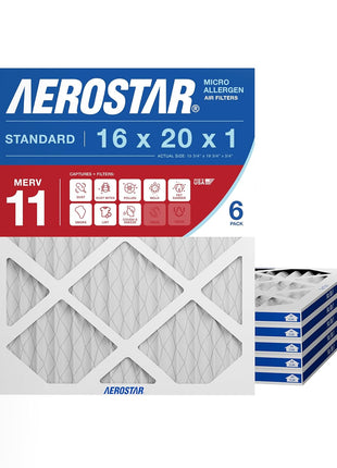 Aerostar 16x20x1 MERV 11 - 6 Count - Pleated HVAC, Furnace & Air Conditioner Filters - Removes Dust, Cold & Flu Germs, Lint, Mold, Pet Dander, Allergy-Causing Pollen, Smog & Smoke