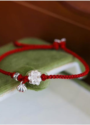 Sdouefos Lotus Flower Bracelet 925 Sterling Silver for Women, Handmade Braided Rope Red String Adjustable Lady Jewelry Red Protection Bracelet for Women Buddhist Spiritual Lucky Amulet Gift