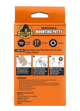 Gorilla Removable Mounting Putty Reusable & Repositionable Adhesive 168 Count Pre-Cut Squares (Pack of 1) Holds 2 lbs. Back to School Supplies for Teachers Students Parents, Indoor Outdoor