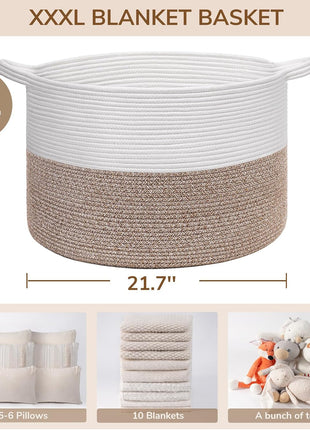 INDRESSME XXXLarge Woven Rope Blanket Basket Living Room Brown, 90L | 21.7" x 13.8" Storage baskets for toys laundry & pillows. Fits living room, bedroom or nursery décor. Soft-touch with handles