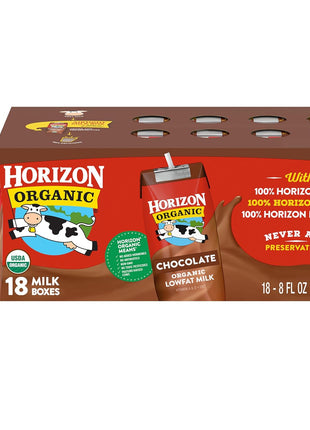 Horizon Organic Shelf Stable 1% Lowfat Chocolate Milk Boxes, 8 fl oz, 18 Count - 8g Protein per Serving, USDA Organic, Ready to Drink for Lunchbox, Travel, or On-the-Go, No Refrigeration Needed