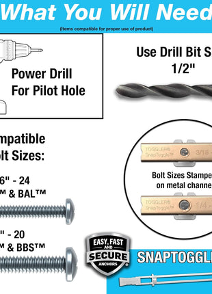 TOGGLER SNAPTOGGLE BA Toggle Anchor with Bolts, Zinc-Plated Steel Channel, Made in US, 3/8" to 3-5/8" Grip Range, For 3/16"-24 UNC Fastener Size (Pack of 10)