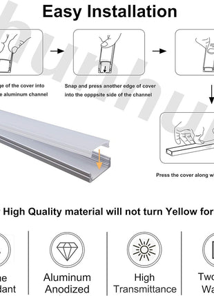 hunhun 10-Pack 6.6ft/ 2Meter U Shape LED Aluminum Channel System with Milky Cover, End Caps and Mounting Clips, Aluminum Profile for LED Strip Light Installations, Very Easy Installation