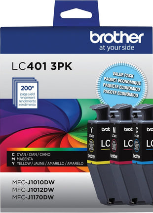 Brother Genuine LC401 Standard Yield 3-Pack Ink Cartridges – Includes 1 Cartridge Each of Cyan, Magenta and Yellow , 3 Count (Pack of 1)