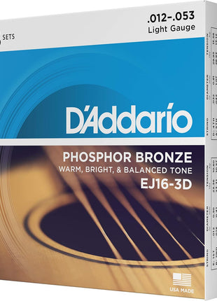 D'Addario EJ16-3D Phosphor Bronze Acoustic Guitar Strings 12-53, 3 Sets | Phosphor bronze acoustic guitar strings offer warm, bright, balanced tone, reliable intonation, durable feel and playability.