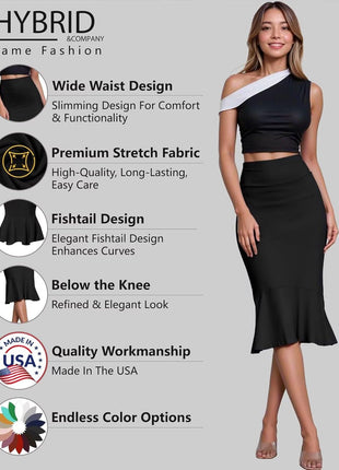 Hybrid & Company Womens Premium Nylon Ponte Stretch Office Fishtail Pencil Skirt KSK45010 1073T BLACK M