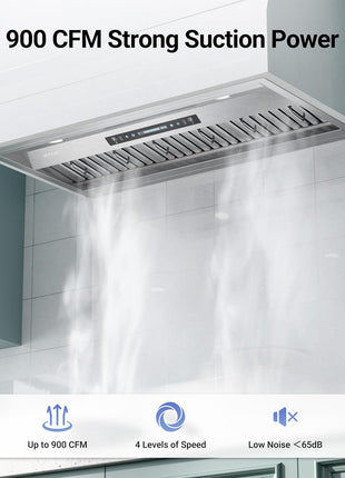 IKTCH 36 inch Built-in/Insert Range Hood 900 CFM, Ducted/Ductless Convertible Duct, Stainless Steel Kitchen Vent Hood with 2 Pcs Adjustable Lights and 3 Pcs Baffle Filters with Handlebar(IKB02-36'')