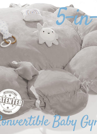5-in-1 Thick & Plush Baby Play Gym, Baby Play Mats for Floor, Tummy Time Mat with 6 Toys, Convertible Stage-Based Developmental from Babies to Toddlers, Ball Pit, Pet Cushion Cloudico, Grey