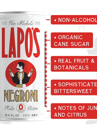 Lapo's Negroni Non Alcoholic Canned Mocktail, Lightly Sparkling, 4ct | Bittersweet Zero Proof Negroni, Non-Alcoholic Spirits Alternative, Mocktail Beverages