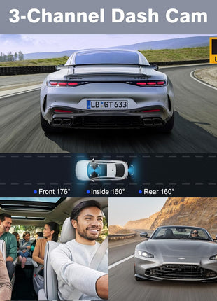 Miden 4K WiFi Dash Cam Front and Rear Inside, Free 64G SD Card, 2160P+1080P+1080P FHD 3 Channel Dash Camera for Cars, Night Vision, 24H Parking Monitor, 360° All Sides Dashcam, G-Sensor, WDR