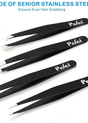 Pefei Tweezers Set - Professional Stainless Steel Tweezers for Eyebrows - Great Precision for Facial Hair, Splinter and Ingrown Hair Removal (Black)