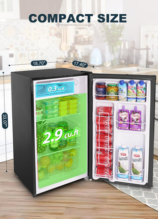 Upstreman 3.2 Cu.Ft Mini Fridge with Freezer, Quiet Efficient Small Fridge, Compact Refrigerator with Adjustable Thermostat, for Dorm, Bedroom, Office, Black-BR321