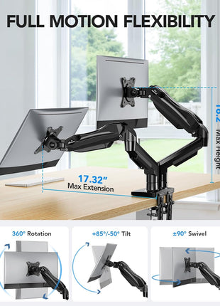 HUANUO FlowLiftTM Dual Monitor Stand, Fully Adjustable Gaming Monitor Desk Mount for 13–32′′ Computer Screens, Full Motion VESA 75x75/100x100 with C-Clamp & Grommet Base, Each Arm Holds 4.4 to 19.8 lbs
