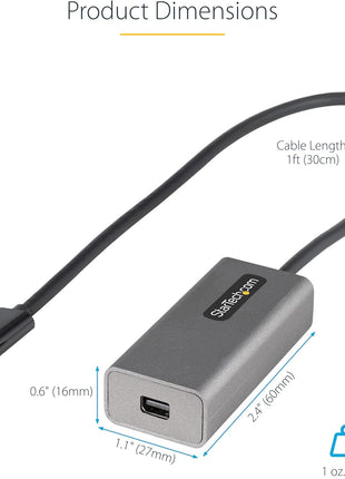 StarTech.com USB C to Mini DisplayPort Adapter, 4K 60Hz USB Type C to mDP/Mini DP Monitor Video Converter Dongle, Thunderbolt 3 Compatible, 12 inch Attached Cable, Upgraded Version of CDP2MDP (CDP2MDPEC)