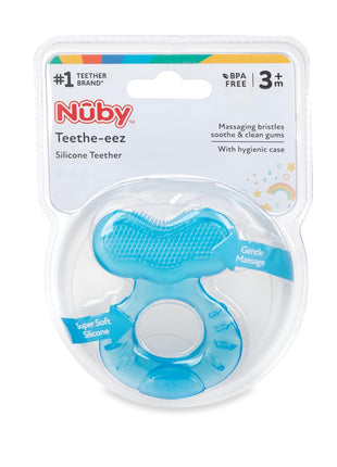 Nuby Silicone Teethe-EEZ Teether with Bristles, Includes Hygienic Case, Blue