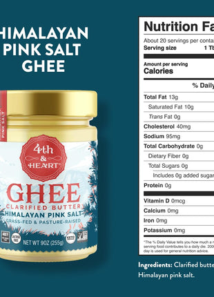 4th & Heart Himalayan Pink Salt Grass-Fed Ghee, Clarified Butter, 1:1 Butter Substitute, Pasture-Raised, Lactose & Casein Free, 9 oz