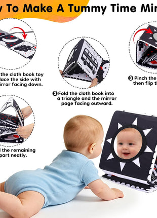 Black and White High Contrast Toys for Baby 0-3 3-6 months Infant Tummy Time Soft Crinkle Book Mirror Sensory Toys 0 2 4 5 6 Month Old Babies Boy Gril Newborn Development Christmas Stocking Stuffer