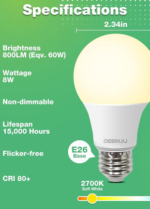 DEGNJU A19 LED Light Bulbs, 60 Watt Equivalent LED Bulbs, Soft White 2700K, 800 Lumens, E26 Standard Base, Non-Dimmable, 8W Warm White LED Bulbs for Bedroom Living Room, 3 Pack