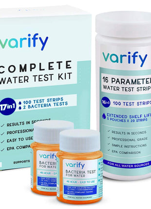 Varify 17in1 Complete Drinking Water Test Kit - 100 Strips  2 Bacteria Tester Kits - Well, Tap, Home, City Water Testing Strip for Lead, Alkaline, Chlorine, Hardness, Iron, Fluoride, Copper & More