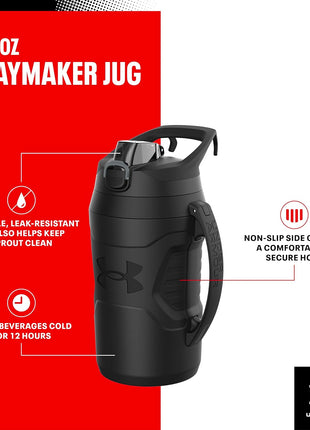 Under Armour Half Gallon Water Bottle Insulated, 64oz Insulated Water Bottle with Handle, Fence Hook, Leak Resistant, for Baseball, Football & More - Black/Black