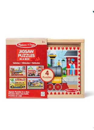 Melissa & Doug 4‐in‐1 Wooden Vehicle Jigsaw Puzzle Set, 48 Pieces with Storage Box, Toddler Puzzle Toy for Kids Ages 3+- FSC Certified