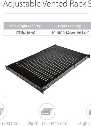 StarTech.com 1U Adjustable Vented Server Rack Mount Shelf - 175lbs - 19.5 to 38in Adjustable Mounting Depth Universal Tray for 19 inch AV/ Network Equipment Rack - 27.5in Deep , TAA (ADJSHELF)