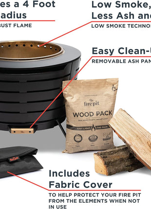 TIKI 25-Inch Smokeless Patio Fire Pit, Wood Burning with Removable Ash Pan & Weather-Resistant Cover, Modern Black Design Ideal Outdoor Smokeless Fire Pit for Backyard & Patio
