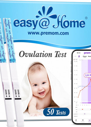 Easy@Home Ovulation Test Strips, 50-Pack, Fertility Test Kit | FSA Eligible, Ovulation Predictor Kit, Powered by Premom Ovulation Calculator iOS and Android APP, 50 LH Tests