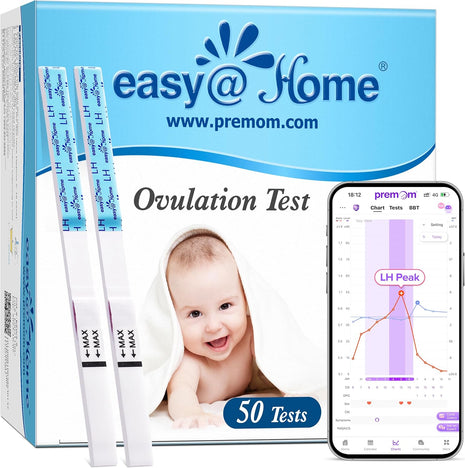Easy@Home Ovulation Test Strips, 50-Pack, Fertility Test Kit | FSA Eligible, Ovulation Predictor Kit, Powered by Premom Ovulation Calculator iOS and Android APP, 50 LH Tests