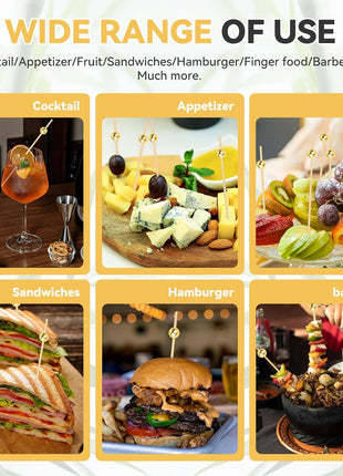 200PCS Cocktail Picks, Fancy Toothpicks for Appetizers, Decorative Skewers for Appetizers Drinks Party Fruit, 4.7 Inch Long Wooden Bamboo Gold Ball Food Sticks Charcuterie Boards Accessories